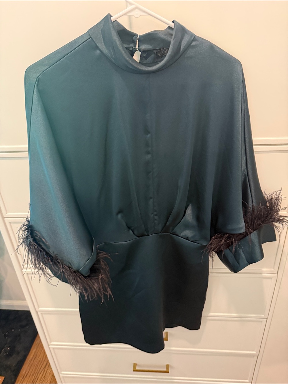 Satin Mock-Neck Dress with Feather Cuffs - Teal